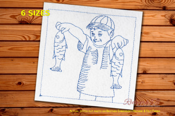 Boy with Fish Caught in Hands Redwork